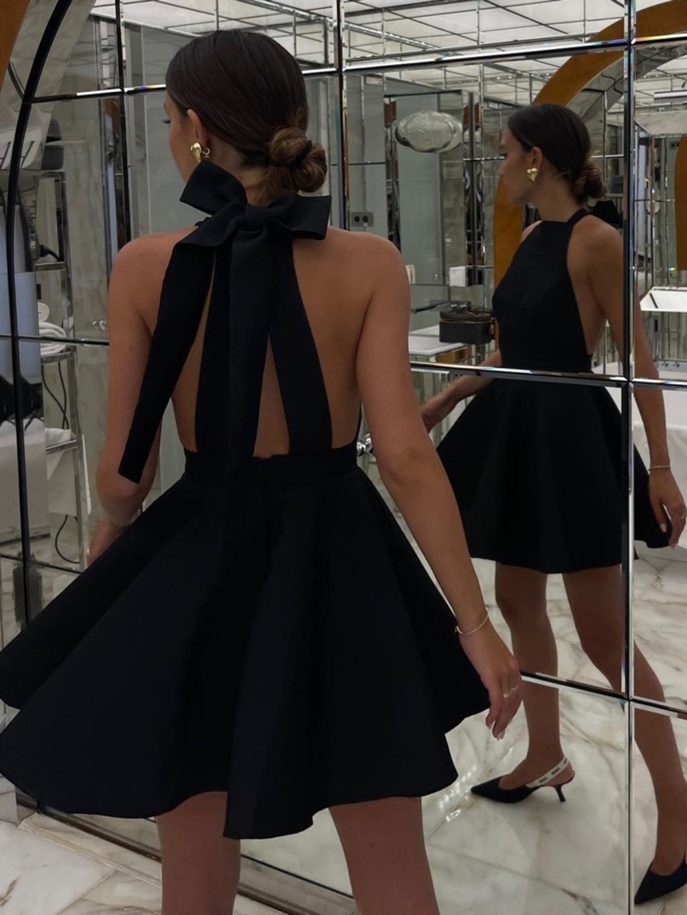 Commense bow mini dress Satin Knotted Doule Pockets Open Back Pleated flare fit
